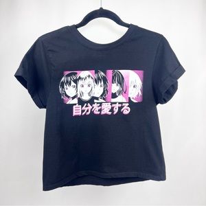 Anime T-shirt size S small. Black and pink crop top. Goth, Punk, Festival wear